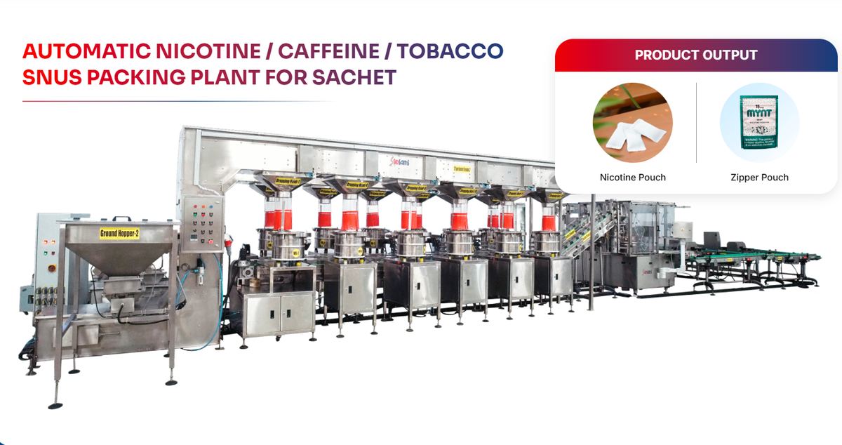 Automatic nicotine snus packing plant for sachets